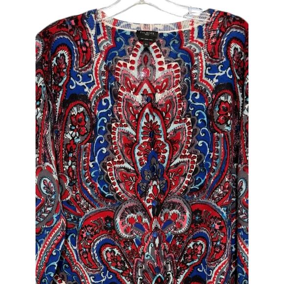 Talbots 2X Merino Wool Paisley Print Open Front Cardigan Sweater Red Blue Boho - Picture 5 of 6